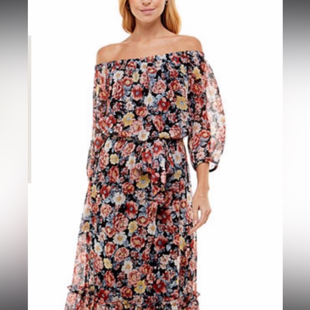 Dress floral flattering comfortable On or off shoulder